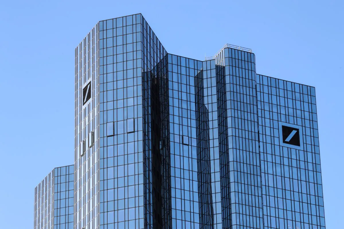 The logo of Deutsche Bank  on their headquarters in Frankfurt, Germany, on Feb. 4, 2021. (Armando Babani/AFP via Getty Images)