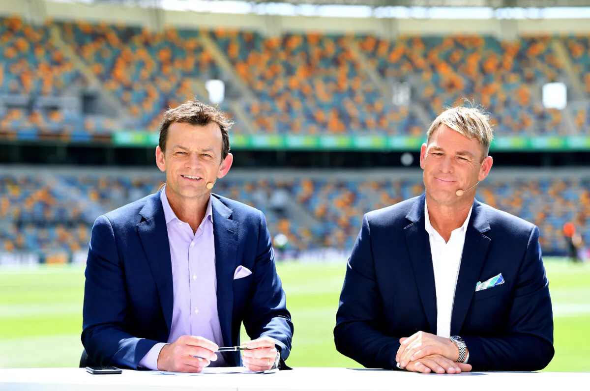 Adam Gilchrist and Shane Warne are seen during day four of the 1st Domain Test between Australia and Pakistan at The Gabba in Brisbane, Australia on Nov. 24, 2019. (Bradley Kanaris/Getty Images)