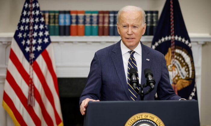 President Joe Biden announces new economic actions against Russia in the Roosevelt Room at the White House on March 11, 2022. (Chip Somodevilla/Getty Images)