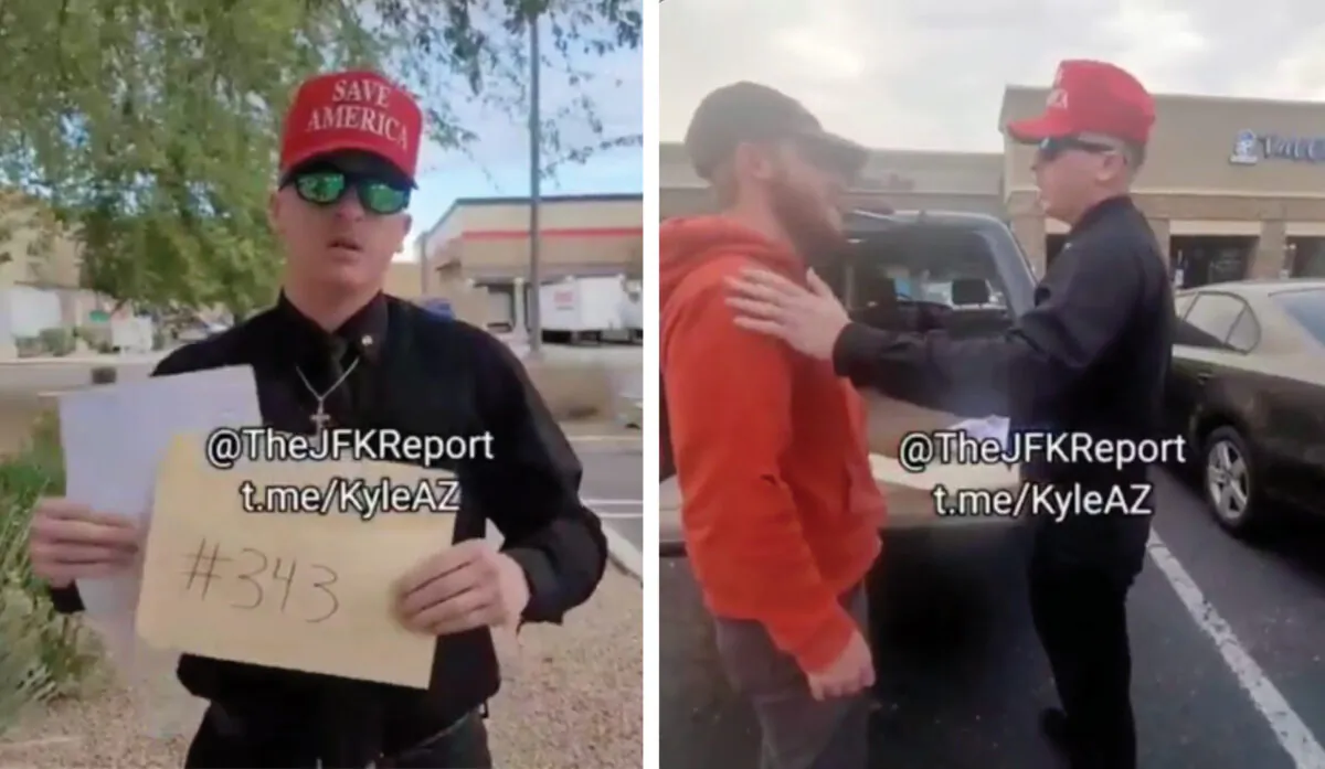 U.S. Marine Corps veteran Micajah J. Jackson, 26, confronts a man he believes to be a government informant who was allegedly armed at the U.S. Capitol on Jan. 6, 2021. (Twitter @TheJFKReport/Screenshot via The Epoch Times)