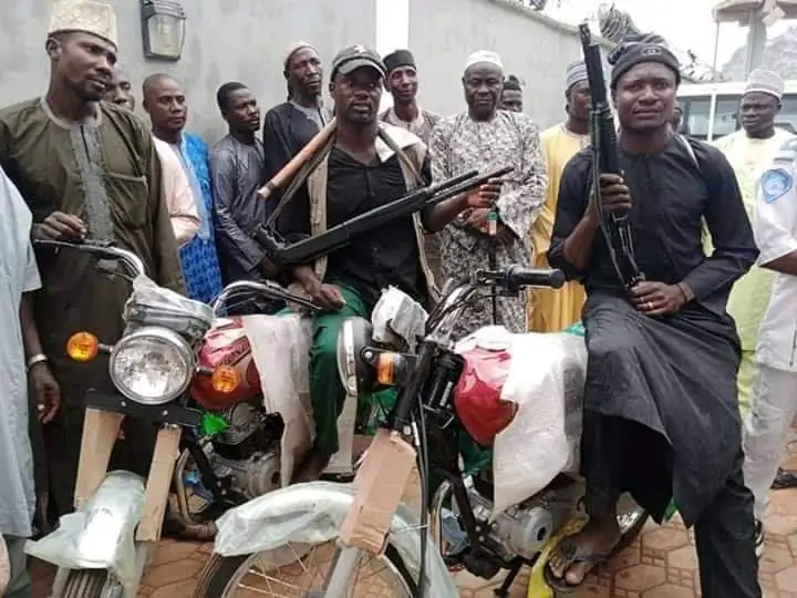 Yan Sa Kai vigilantes pose with motorcycles donated to them by Kebbi State government in August 2020. Photo courtesy of Murtala Gotomo.