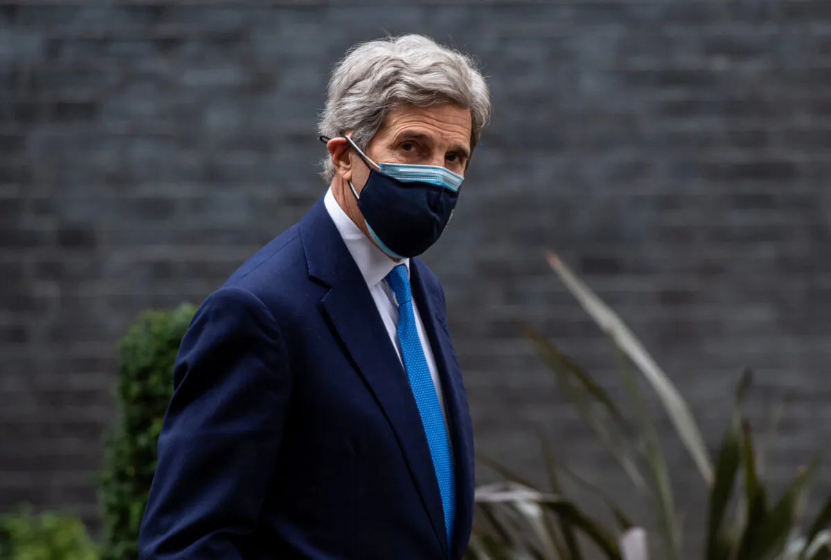 U.S. special presidential envoy for climate, John Kerry, leaves 10 Downing Street in London on Dec. 8, 2021. (Chris J Ratcliffe/Getty Images)