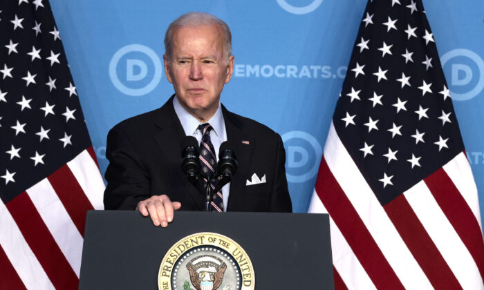 U.S. President Joe Biden gives remarks a the DNC Winter Meeting at the Washington Hilton Hotel in Wash., on March 10, 2022. (Anna Moneymaker/Getty Images)