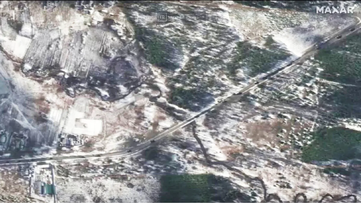 Satellite image of convoy with trucks and equipment in Stoyanka, Ukraine on March 10, 2022. (Maxar Technologies via Reuters)