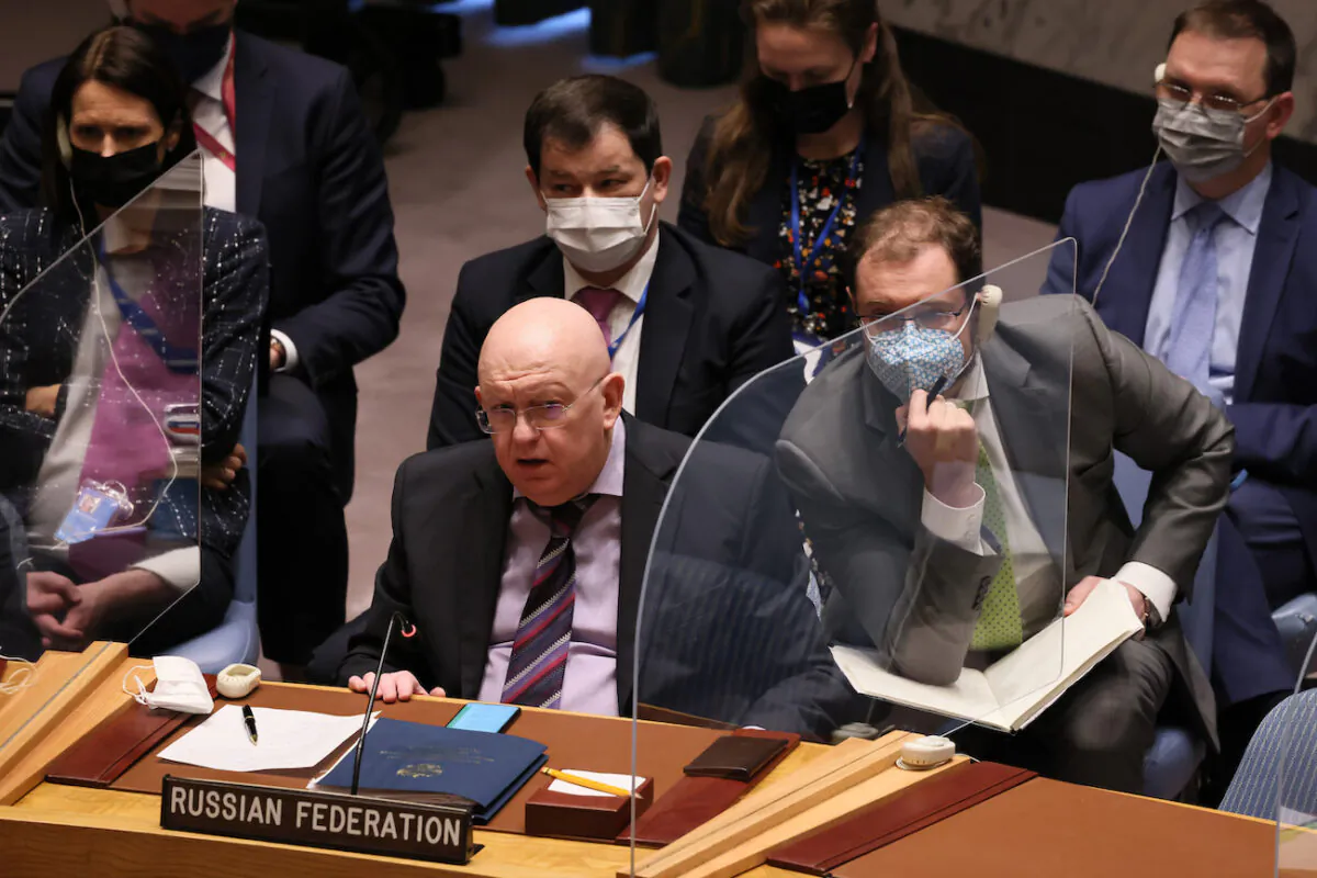 Ambassador Vasily Nebenzia, permanent United Nations representative of the Russian Federation, speaks during a U.N. Security Council meeting to discuss the humanitarian crisis in Ukraine at U.N. headquarters in New York City on March 7, 2022. (Michael M. Santiago/Getty Images)