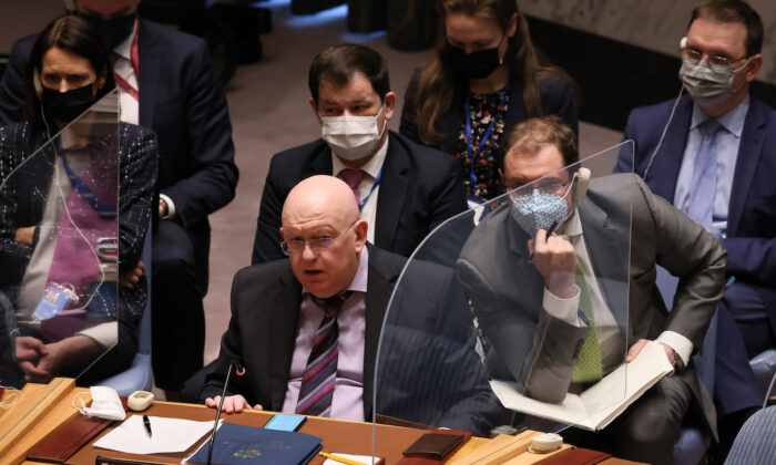 Ambassador Vasily Nebenzia, permanent United Nations representative of the Russian Federation, speaks during a U.N. Security Council meeting to discuss the humanitarian crisis in Ukraine at U.N. headquarters in New York City on March 7, 2022. (Michael M. Santiago/Getty Images)