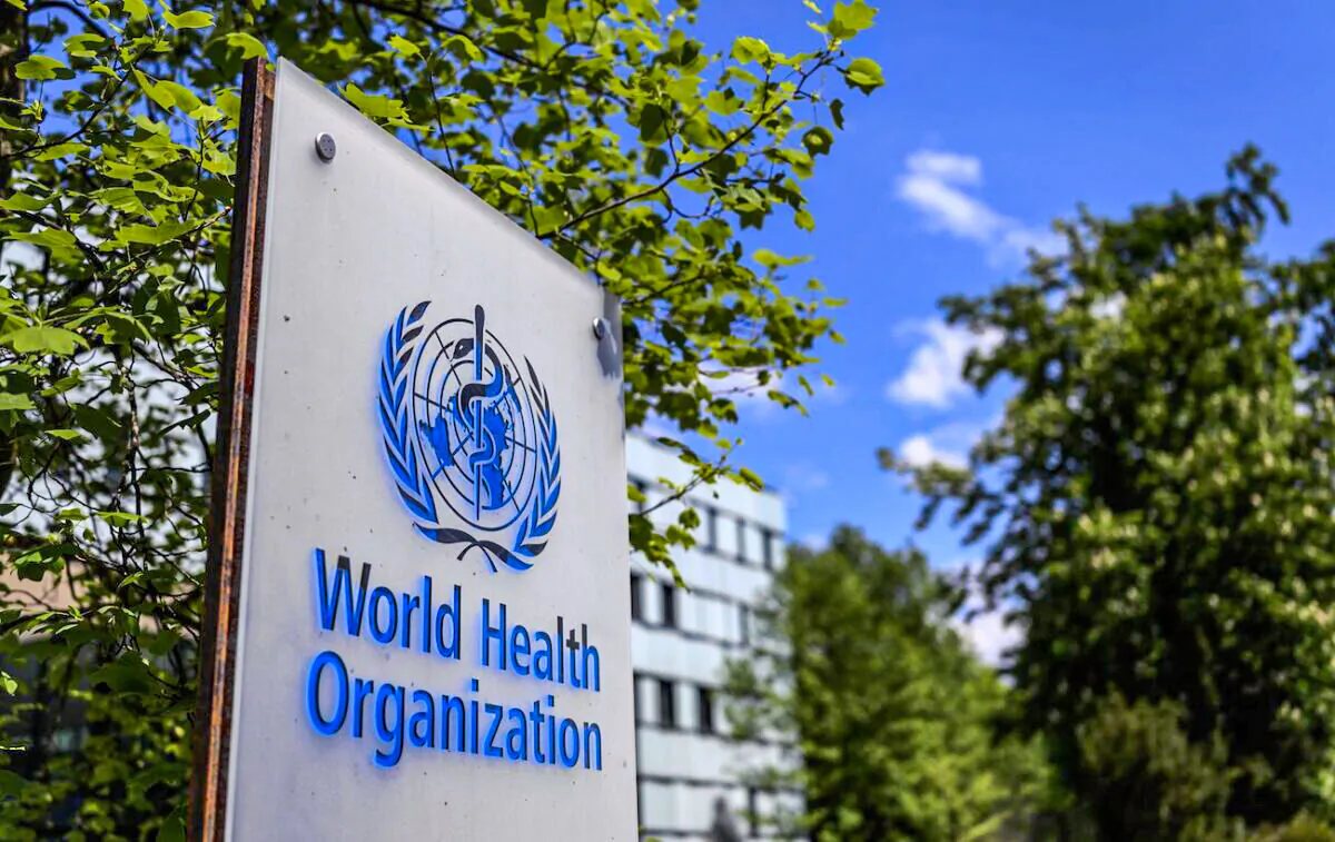 A sign of the World Health Organization in Geneva, Switzerland, on April 24, 2020. (Fabrice Coffrini/AFP via Getty Images)