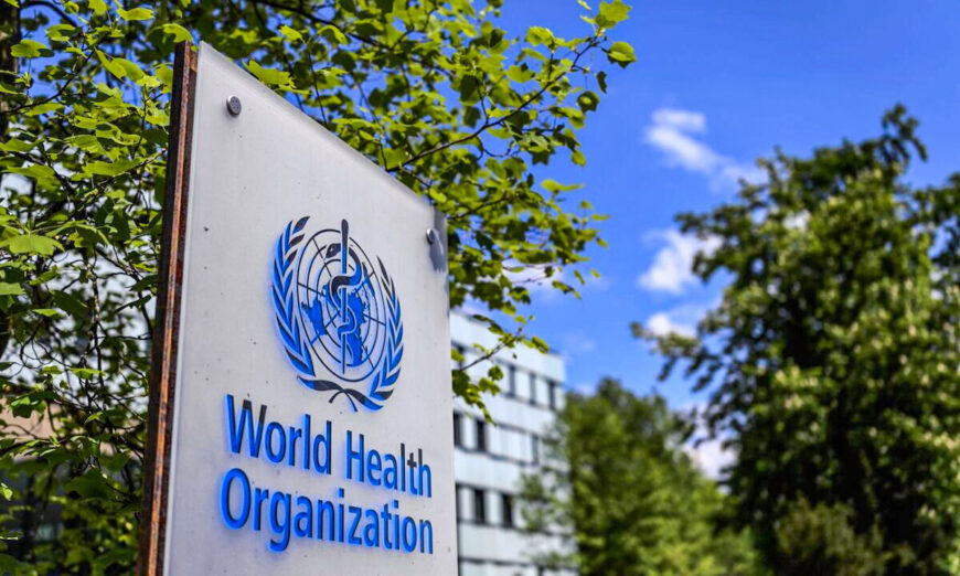 A sign of the World Health Organization in Geneva, Switzerland, on April 24, 2020. (Fabrice Coffrini/AFP via Getty Images)