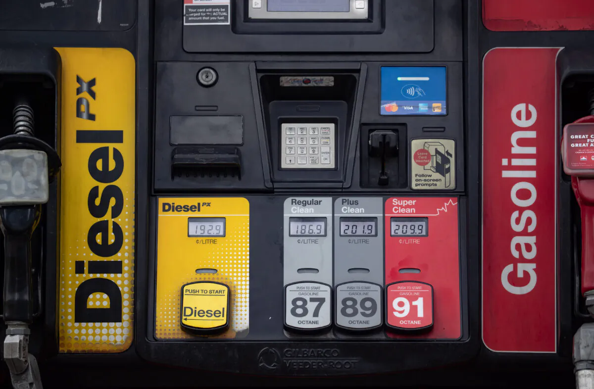 The prices for a litre of diesel and various grades of gasoline are seen on a gas pump at a gas station, in Burnaby, B.C., on Mar. 2, 2022. (The Canadian Press/Darryl Dyck)
