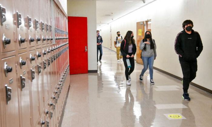 Students walk the hallway at Hollywood High School in Los Angeles on April 27, 2021. (Rodin Eckenroth/Getty Images)