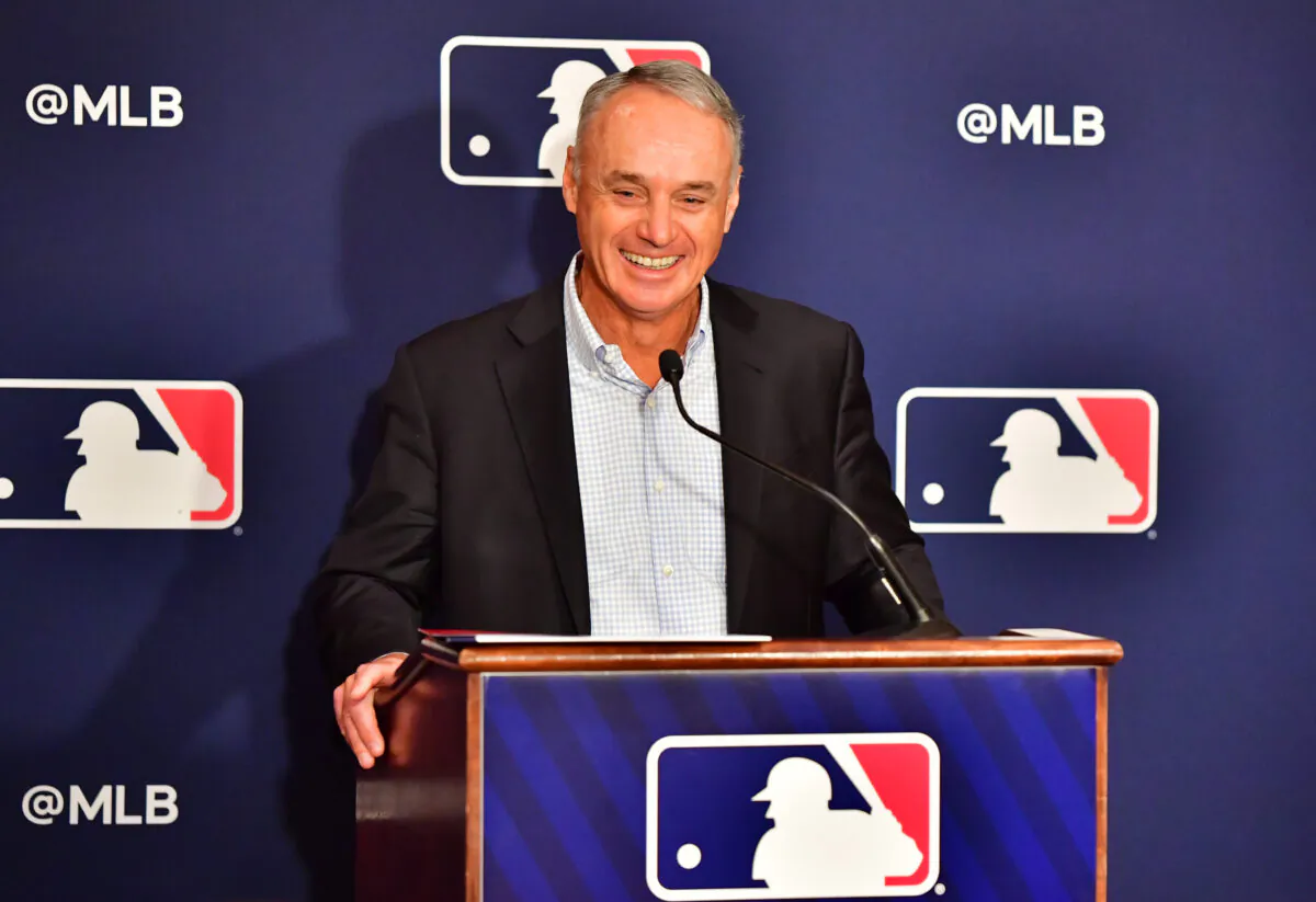 ORLANDO, FLORIDA - FEBRUARY 10: Major League Baseball Commissioner Rob Manfred answers questions during an MLB owner's meeting at the Waldorf Astoria on February 10, 2022 in Orlando, Florida. Manfred addressed the ongoing lockout of players, which owners put in place after the league's collective bargaining agreement ended on December 1, 2021. (Photo by Julio Aguilar/Getty Images)