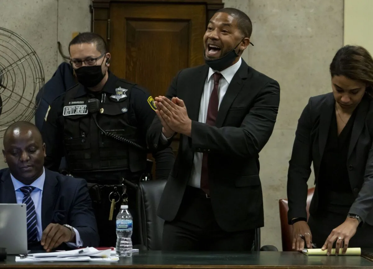 Actor Jussie Smollett speaks to Judge James Linn after his sentence is read at the Leighton Criminal Court Building in Chicago on March 10, 2022. (Brian Cassella/Chicago Tribune via AP, Pool)