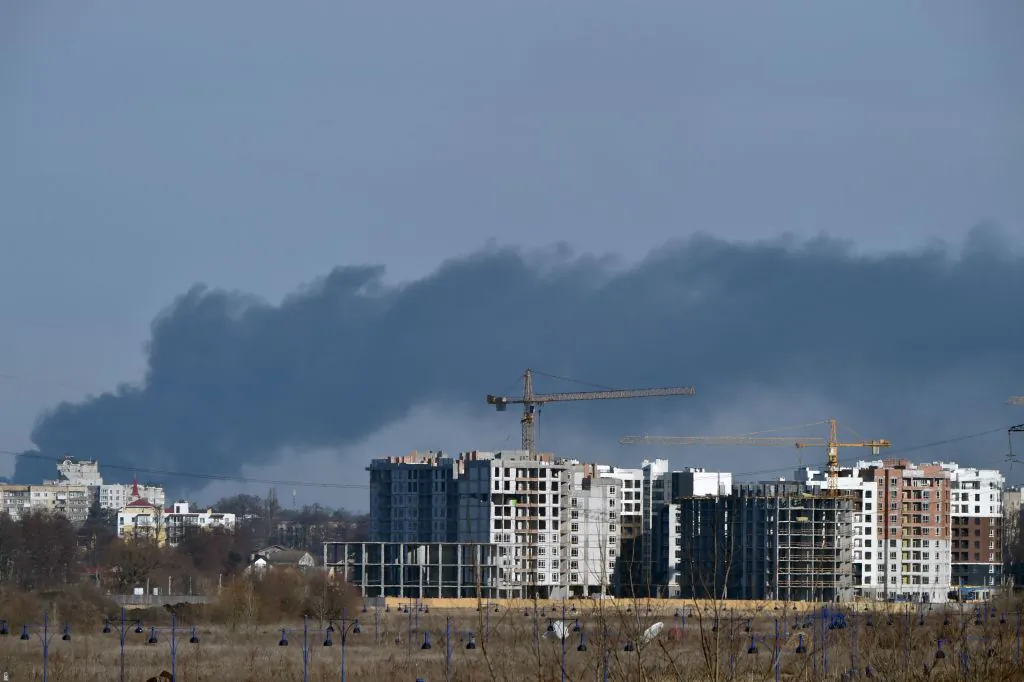 Smoke rises over Irpin, north of Kyiv, Ukraine, on March 12, 2022. (Sergei Supinsky/AFP via Getty Images)