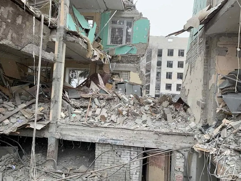 Rubble is seen at a psychiatric hospital, which was hit by an enemy shell, according to the State Emergency Service of Ukraine, amid Russia's invasion of Ukraine, in the village of Oskil, Izyum district, Kharkiv region, Ukraine, on March 11, 2022. (State Emergency Service of Ukraine/Handout via Reuters)