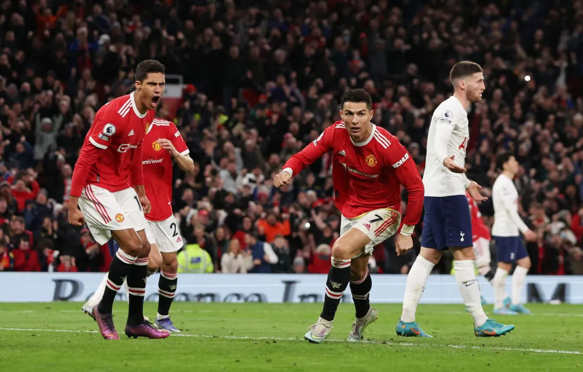 Manchester United's Cristiano Ronaldo celebrates scoring their third goal during the Premier League match between Manchester United and Tottenham Hotspur at Old Trafford in Manchester, Britain, on March 12, 2022. (Phil Noble/Reuters)