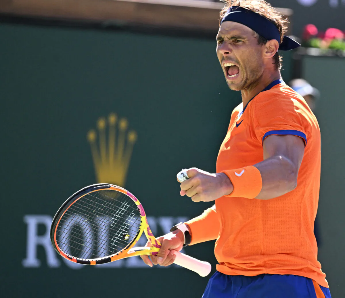 Rafael Nadal of Spain reacts after winning a shot as he defeated Sebastian Korda of the United States in a third set tiebreaker at the BNP Paribas open at the Indian Wells Tennis Garden in Indian Wells, Calif., on Mar 12, 2022. (Jayne Kamin-Oncea/USA TODAY Sports via Reuters)