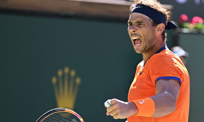 Rafael Nadal of Spain reacts after winning a shot as he defeated Sebastian Korda of the United States in a third set tiebreaker at the BNP Paribas open at the Indian Wells Tennis Garden in Indian Wells, Calif., on Mar 12, 2022. (Jayne Kamin-Oncea/USA TODAY Sports via Reuters)