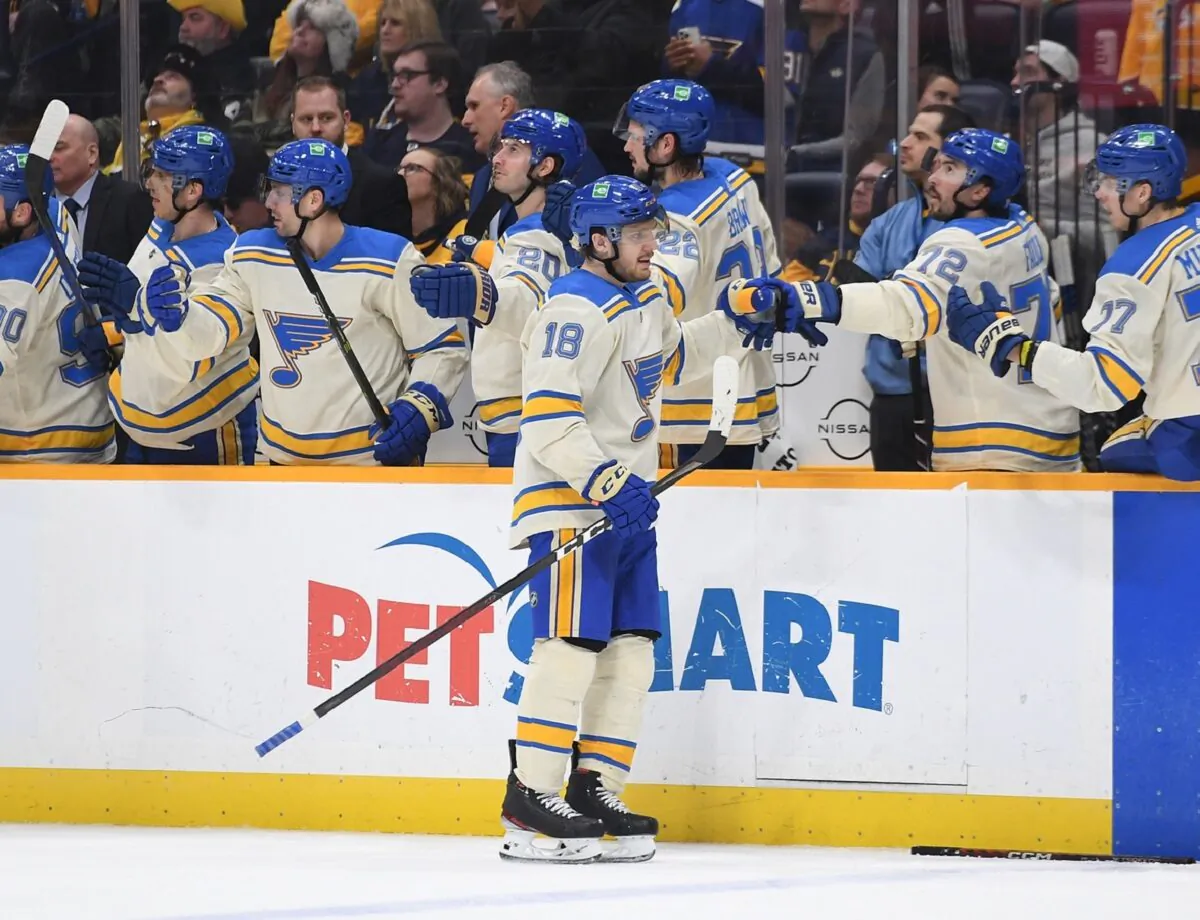 St. Louis Blues center Robert Thomas (18) celebrates after a goal during the third period against the Nashville Predators at Bridgestone Arena in Nashville, Tenn., on March 12, 2022. (Christopher Hanewinckel/USA TODAY Sports via Field Level Media)
