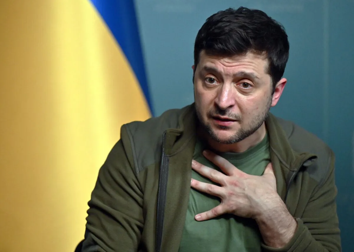 Ukrainian President Volodymyr Zelensky speaks during a press conference in Kyiv, Ukraine, on March 3, 2022. (Sergei Supinsky/AFP via Getty Images)