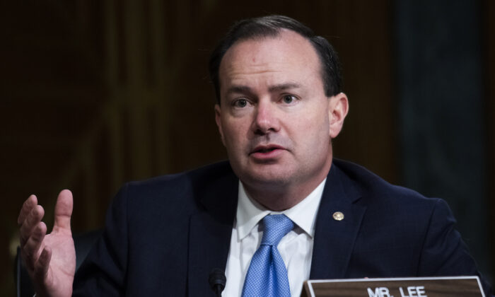 Sen. Mike Lee (R-Utah) asks a question during the Senate Judiciary Committee hearing titled “Police Use of Force and Community Relations,” in Dirksen Senate Office Building in Washington on June 16, 2020. (Tom Williams/CQ Roll Call/Pool)