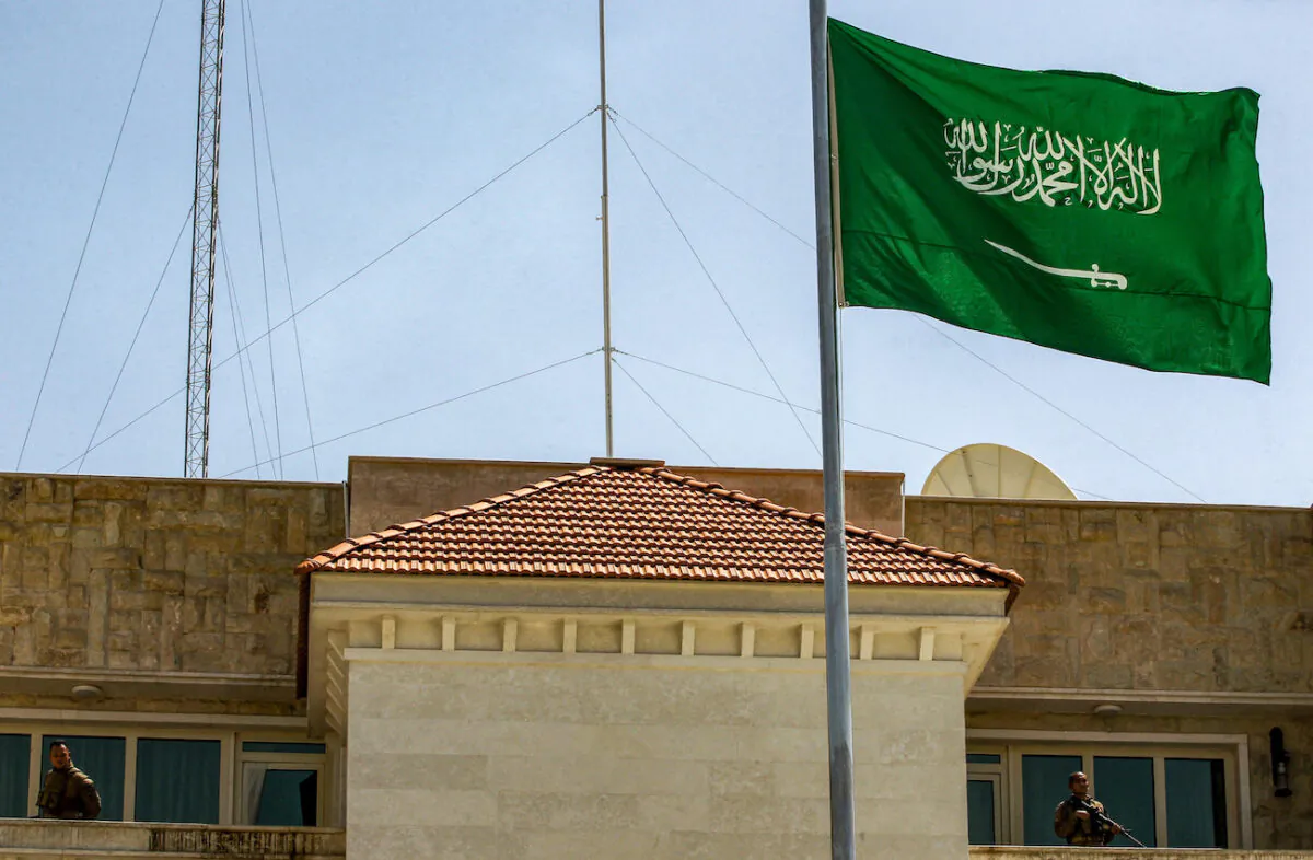 A Saudi flag flying at the Saudi consulate headquarters in Baghdad, Irag, on April 4, 2019. (Ahmad Al-Rubaye/AFP via Getty Images)