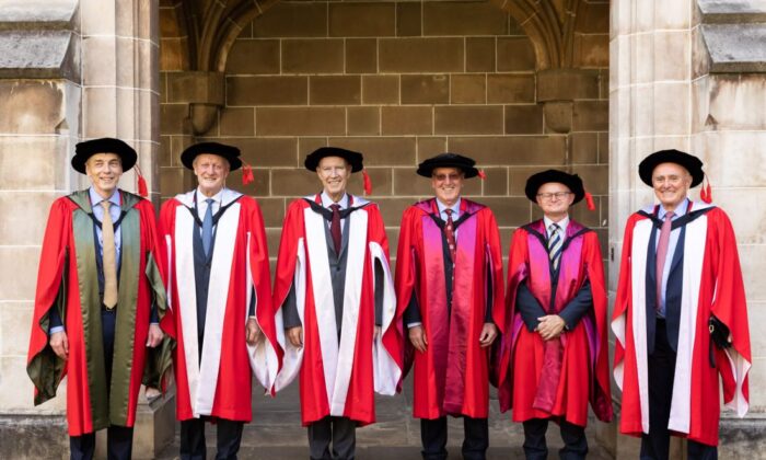 Honorary doctorate recipients from left to right: Professor Sir Peter Donnelly, Mr Leigh Clifford AO, Dr Francis Gurry, Professor Colin Wilks, Dr Mark Schipp and Professor Allan Fels AO in Melbourne, Australia on Feb. 28, 2022. (Melbourne University)
