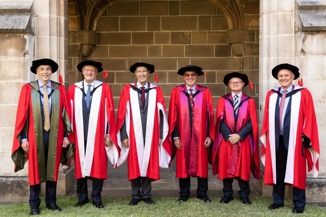 Honorary doctorate recipients from left to right: Professor Sir Peter Donnelly, Mr Leigh Clifford AO, Dr Francis Gurry, Professor Colin Wilks, Dr Mark Schipp and Professor Allan Fels AO in Melbourne, Australia on Feb. 28, 2022. (Melbourne University)
