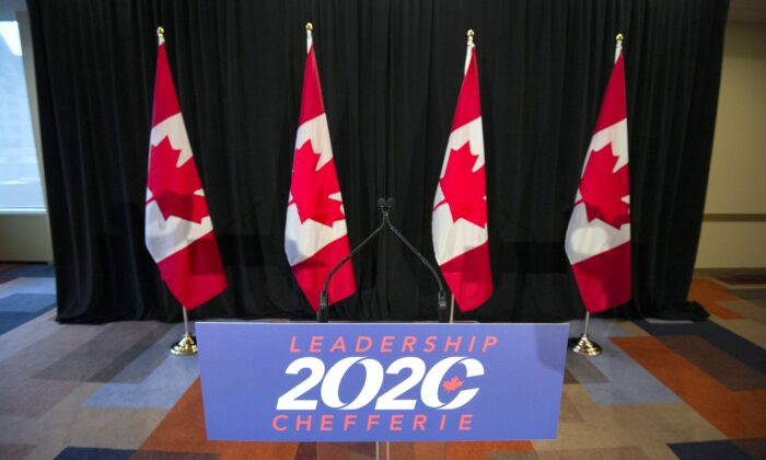 The lectern where the new leader of the Conservative Party will take questions from reporters is seen in Ottawa, before the announcement of the new leader, on Aug. 23, 2020. (The Canadian Press/Justin Tang)