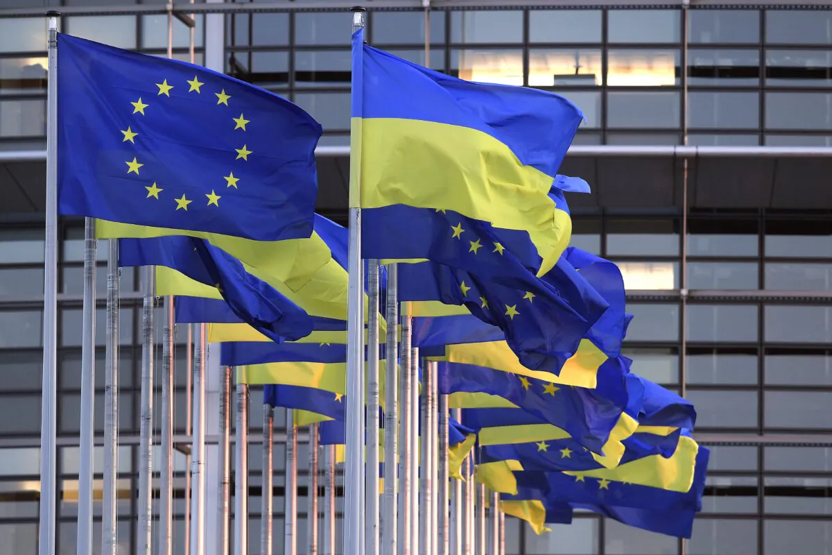 E.U. and Ukrainian flags flying near the European Parliament in Strasbourg, eastern France on March 7, 2022. (Frederick Florin/AFP via Getty Images)