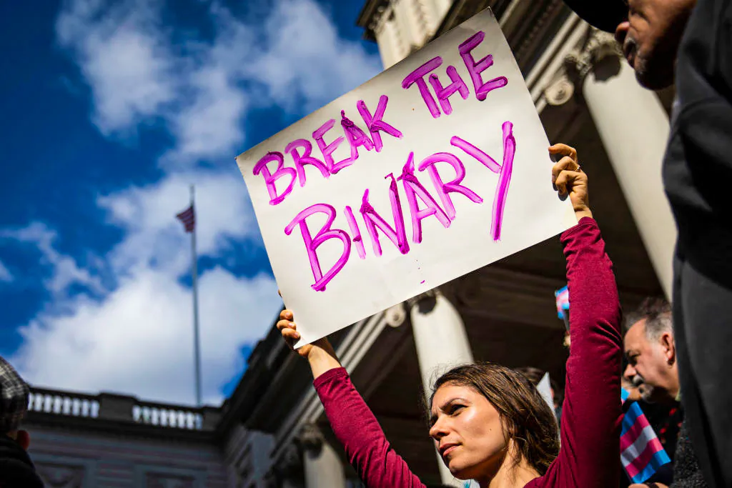 Activists rally to support transgender people on the steps of the City Hall in New York on Oct. 24, 2018. (Drew Angerer/Getty Images)
