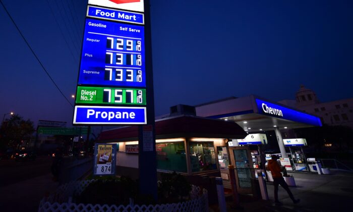 Gas prices of more than $7.00 per gallon are posted at a downtown Los Angeles gas station on March 9, 2022. (Frederic J. Brown/AFP via Getty Images)