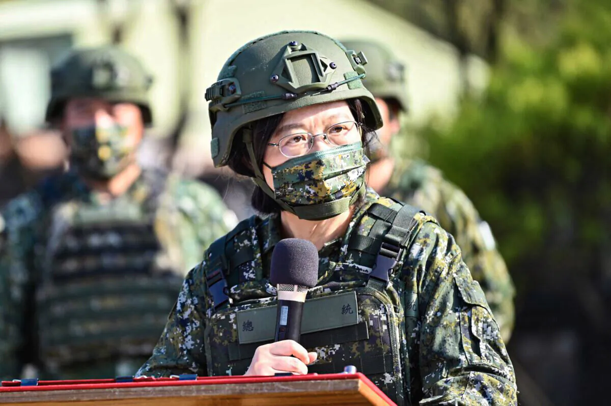 Taiwan President Tsai Ing-wen speaks while inspecting reservists training at a military base in Taoyuan on March 12, 2022. (Sam Yeh/AFP via Getty Images)