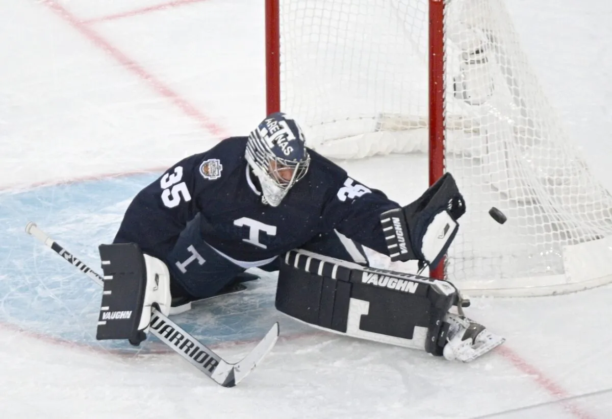Toronto Maple Leafs goalie Petr Mrazek (35) makes a save against the Buffalo Sabres in the 2022 Heritage Classic ice hockey game at Tim Hortons Field in Hamilton, Ontario, Canada, on March 13, 2022. (Dan Hamilton/USA TODAY Sports via Field Level Media)