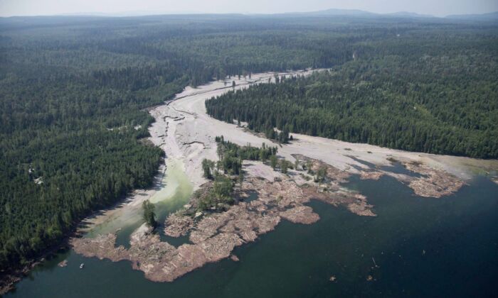 Contents from a tailings pond is pictured going down the Hazeltine Creek into Quesnel Lake near the town of Likely, B.C. on Aug. 5, 2014. (The Canadian Press/Jonathan Hayward)