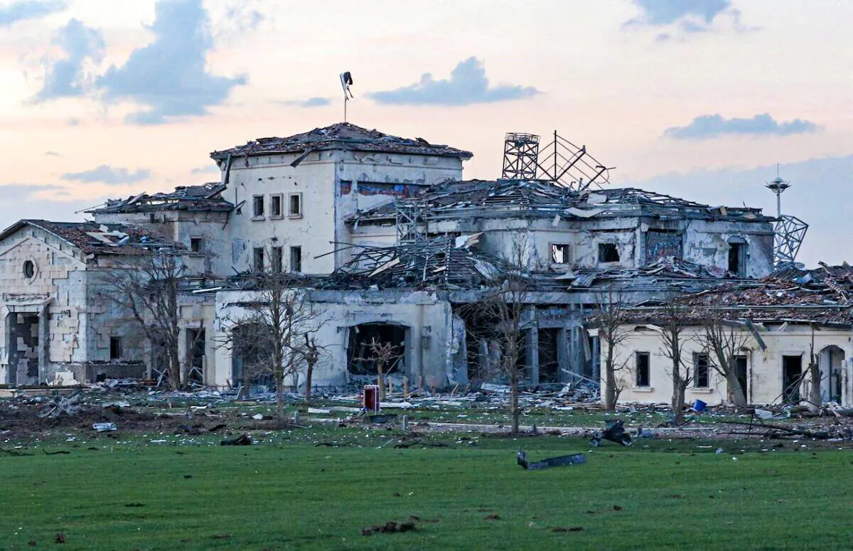A general view shows a damaged mansion following an overnight attack in Erbil, the capital of the northern Iraqi Kurdish autonomous region, on March 13, 2022. (Safin Hamed/AFP via Getty Images)