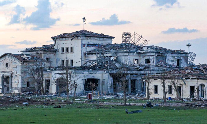 A general view shows a damaged mansion following an overnight attack in Erbil, the capital of the northern Iraqi Kurdish autonomous region, on March 13, 2022. (Safin Hamed/AFP via Getty Images)