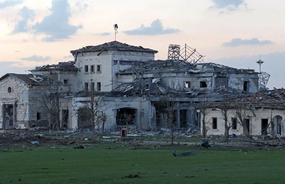 A general view shows a damaged mansion following an overnight attack in Erbil, the capital of the northern Iraqi Kurdish autonomous region, on March 13, 2022. (Safin Hamed/AFP via Getty Images)