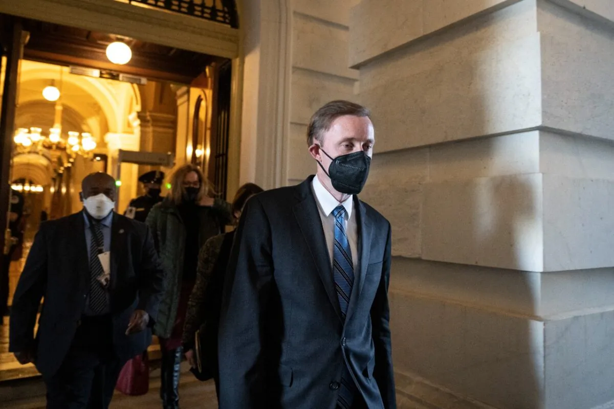 White House National Security Advisor Jake Sullivan leaves the U.S. Capitol after a closed-door briefing with Senators on Feb. 14, 2022 in Washington. (Drew Angerer/Getty Images)