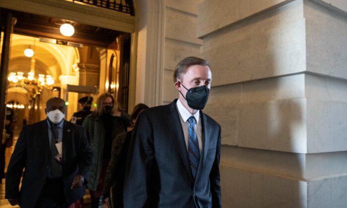 White House National Security Advisor Jake Sullivan leaves the U.S. Capitol after a closed-door briefing with Senators on Feb. 14, 2022 in Washington. (Drew Angerer/Getty Images)