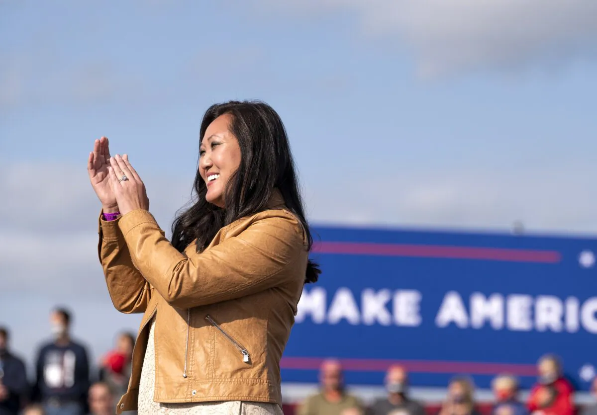 Jennifer Carnahan, the chairwoman of the Minnesota Republican Party, cheers during a rally for President Donald Trump in Bemidji, Minn., on Sept. 18, 2020. (Stephen Maturen/Getty Images)