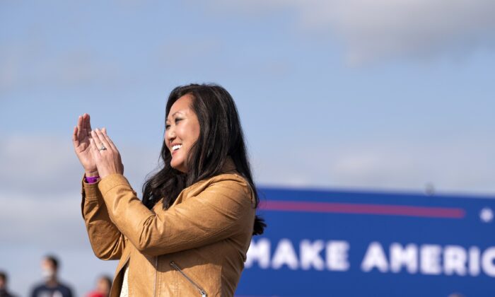 Jennifer Carnahan, the chairwoman of the Minnesota Republican Party, cheers during a rally for President Donald Trump in Bemidji, Minn., on Sept. 18, 2020. (Stephen Maturen/Getty Images)