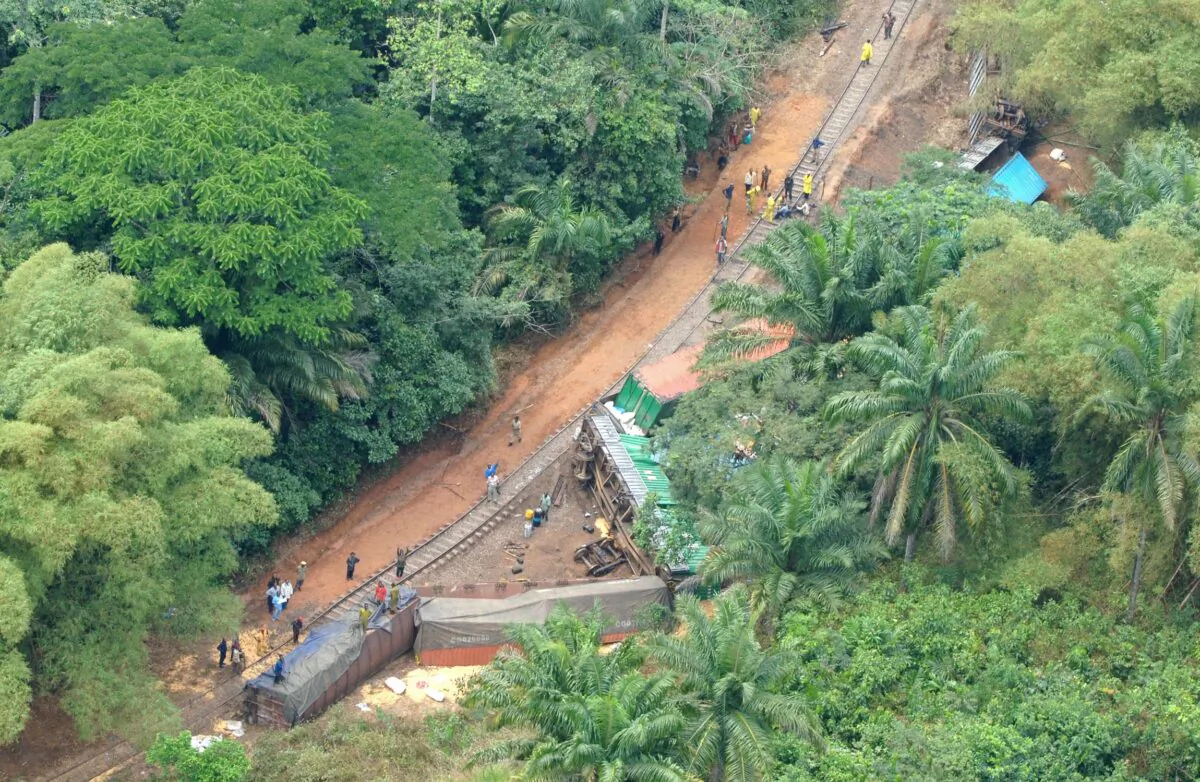 A derailed freight train in Congo is seen in a file photo. (Lionel Healing/AFP via Getty Images)
