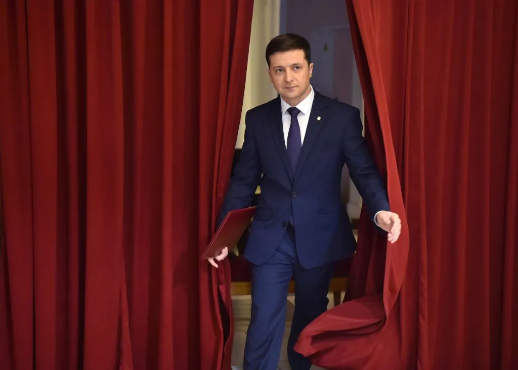 Ukrainian comic actor and the presidential candidate Volodymyr Zelensky enters a hall to take part in the shooting of the television series "Servant of the People" in Kyiv, Ukraine, on March 6, 2019. (Sergei Supinsky/AFP via Getty Images)