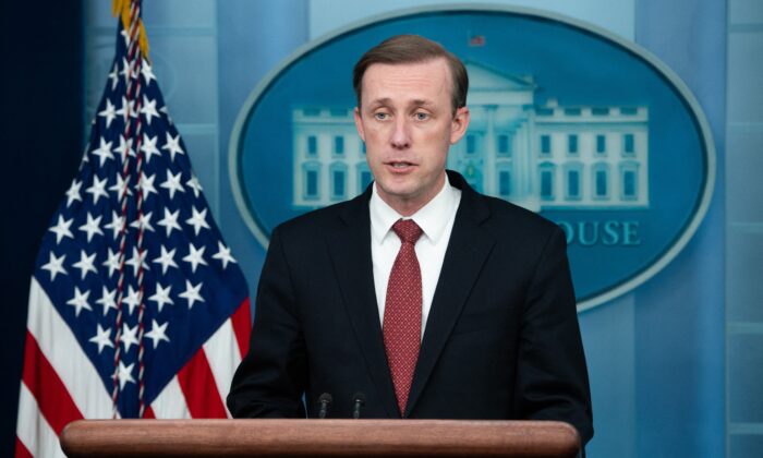 U.S. national security adviser Jake Sullivan speaks during the daily briefing in the Brady Briefing Room of the White House in Washington, on Feb. 11, 2022. (Saul Loeb/AFP via Getty Images)