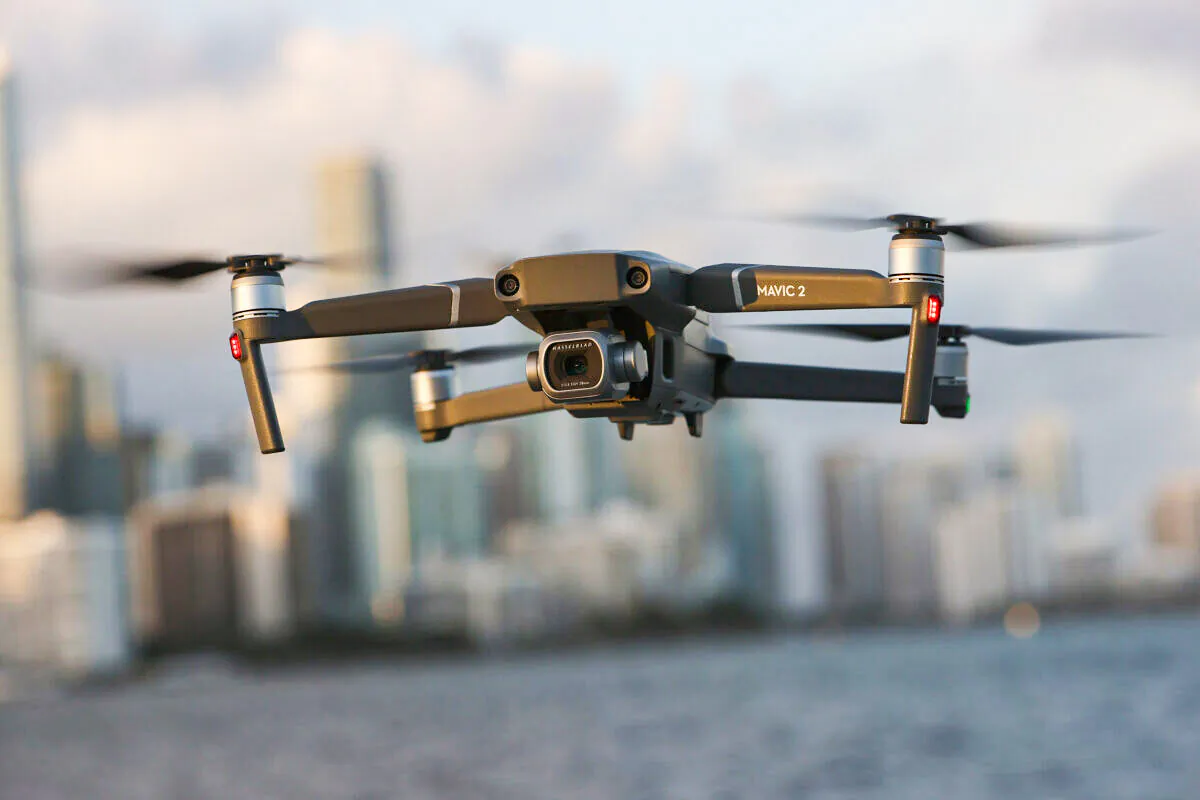 A DJI Mavic 2 Pro made by the Chinese drone maker hovers in place in Miami, Fla., on Dec. 15, 2021. (Joe Raedle/Getty Images)