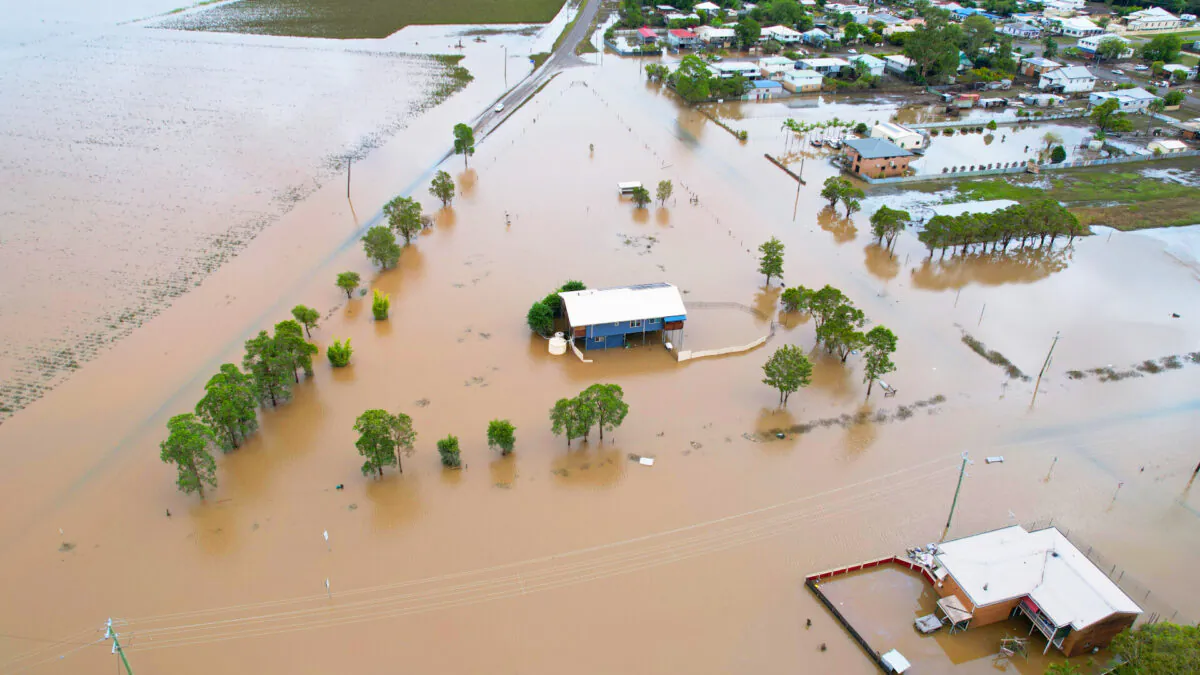 Houses surrounded by floodwater in Coraki, Australia on March 7, 2022 as residents of northern New South Wales continue cleaning up following unprecedented storms and the worst flooding in a decade. (Dan Peled/Getty Images)
