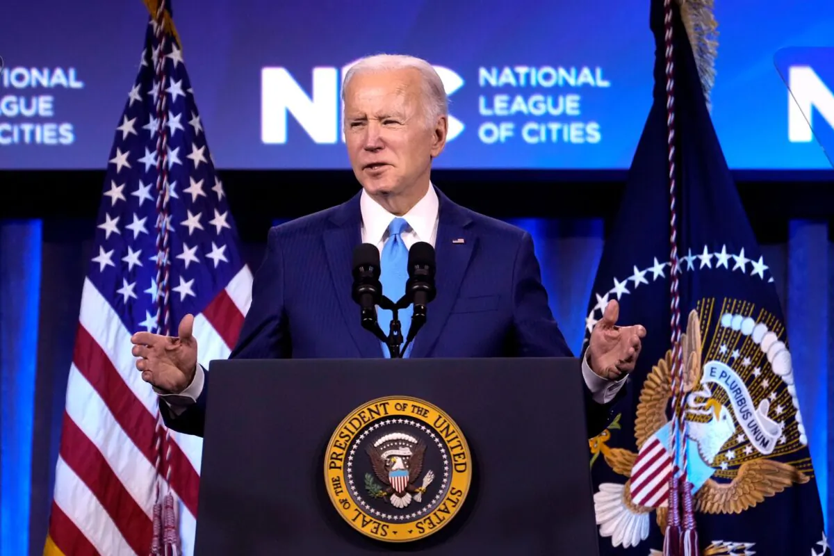 President Joe Biden speaks at the National League of Cities Congressional City Conference in Washington, on March 14, 2022. (Drew Angerer/Getty Images)