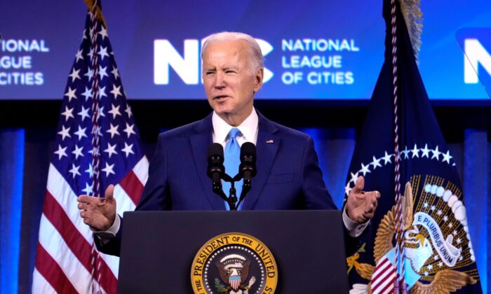 President Joe Biden speaks at the National League of Cities Congressional City Conference in Washington, on March 14, 2022. (Drew Angerer/Getty Images)