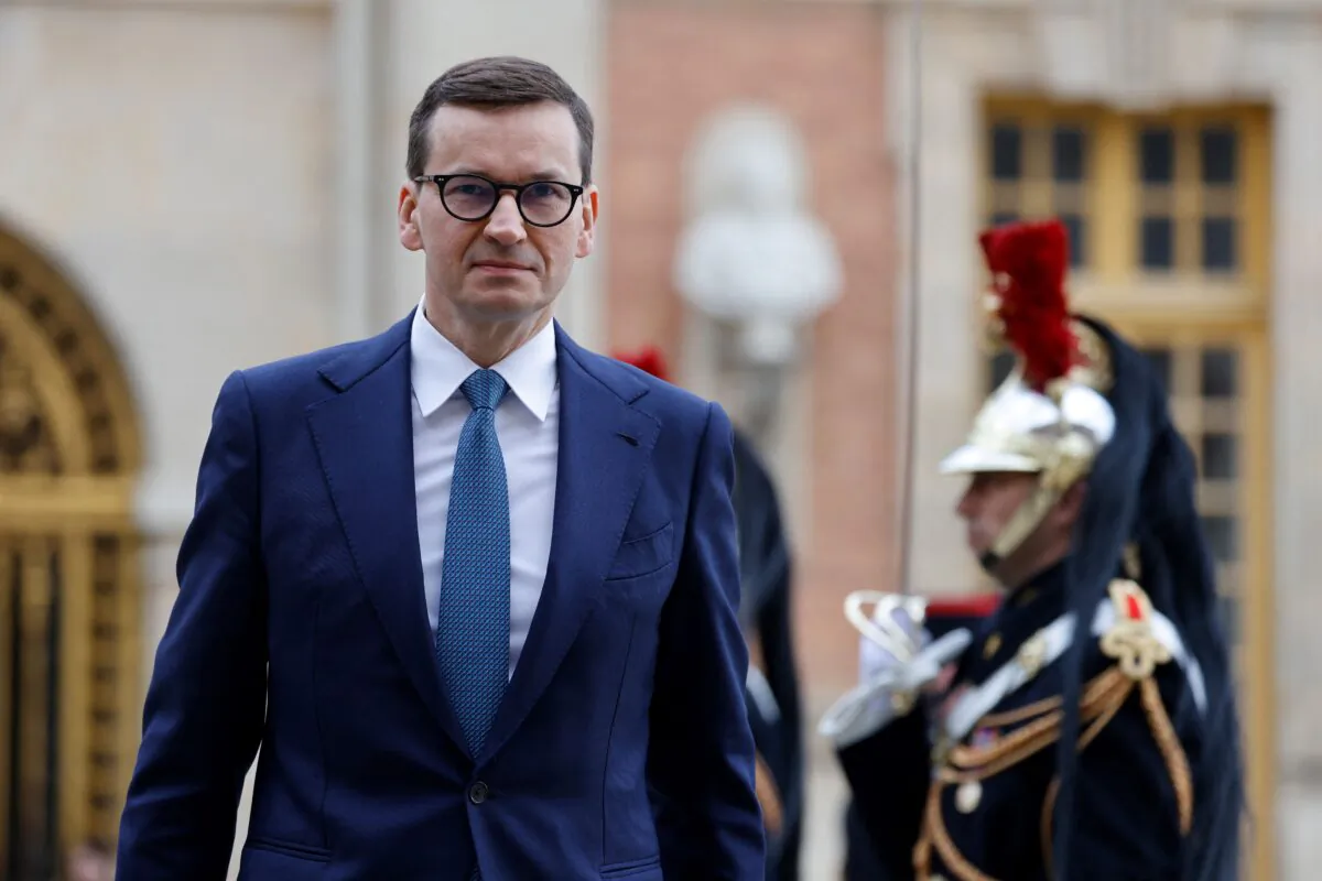 Polands Prime Minister Mateusz Morawiecki arrives at the Palace of Versailles, near Paris on March 11, 2022. (Ludovic Marin/AFP via Getty Images)