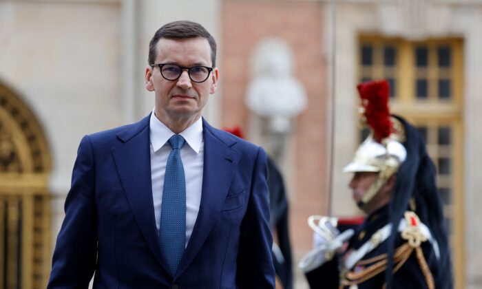 Polands Prime Minister Mateusz Morawiecki arrives at the Palace of Versailles, near Paris on March 11, 2022. (Ludovic Marin/AFP via Getty Images)